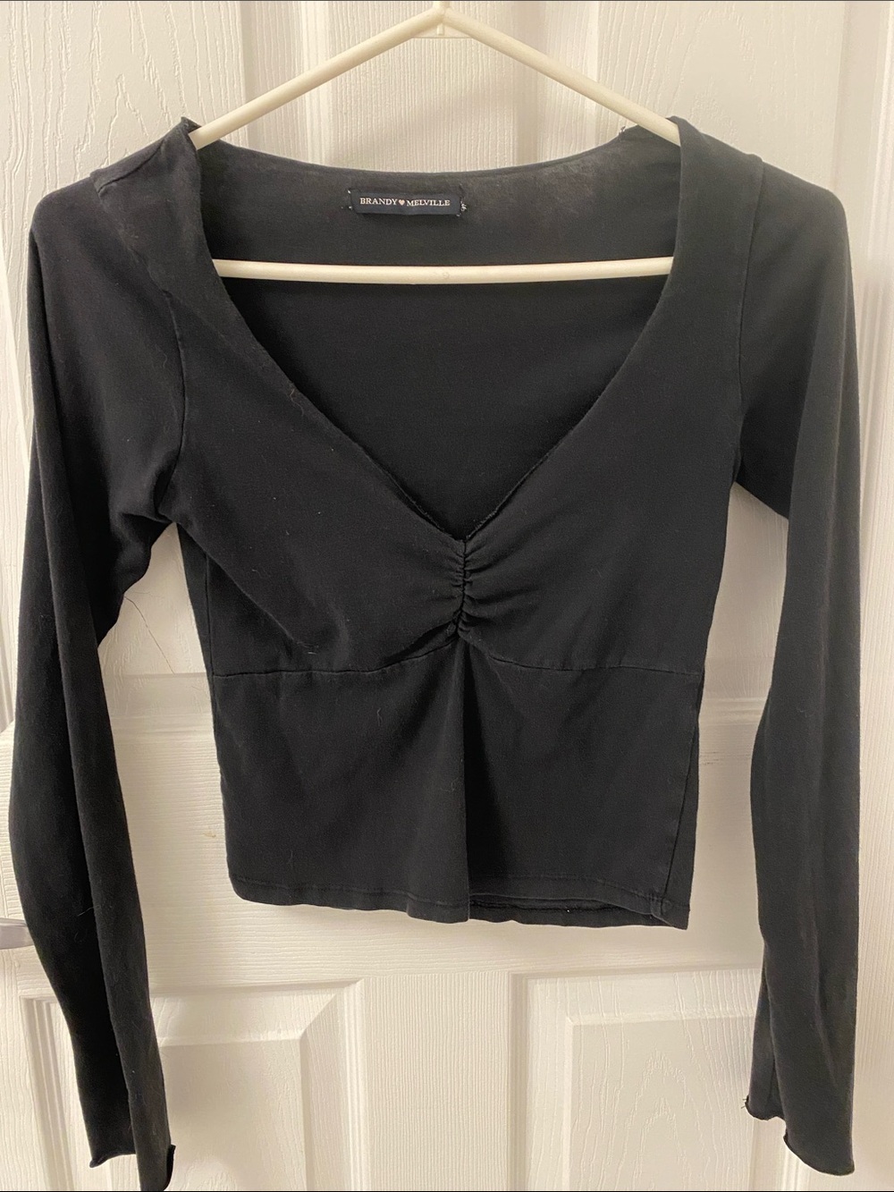 Brandy Melville Black Long Sleeve V-Neck Ruched Top